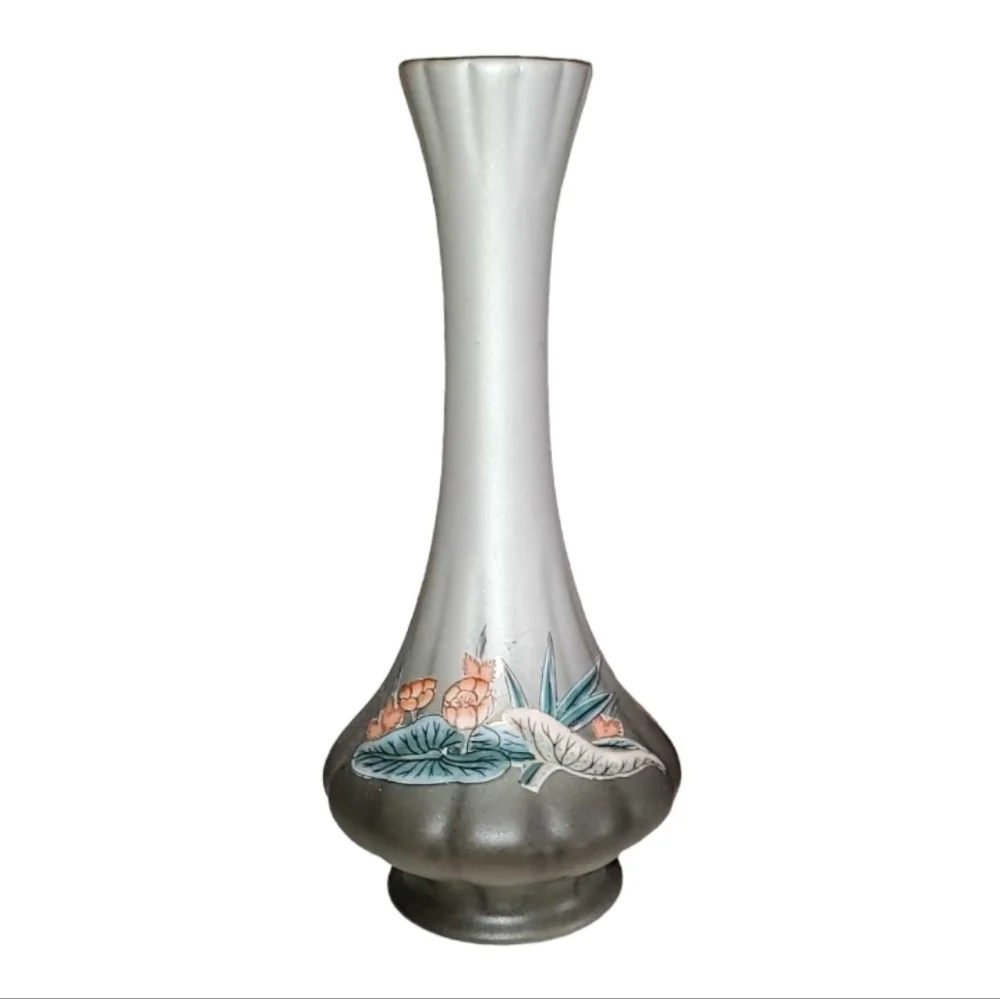 TOYO Vintage Hand Painted Oriental Ceramic Flower Bud Vase Gray Pink Green
